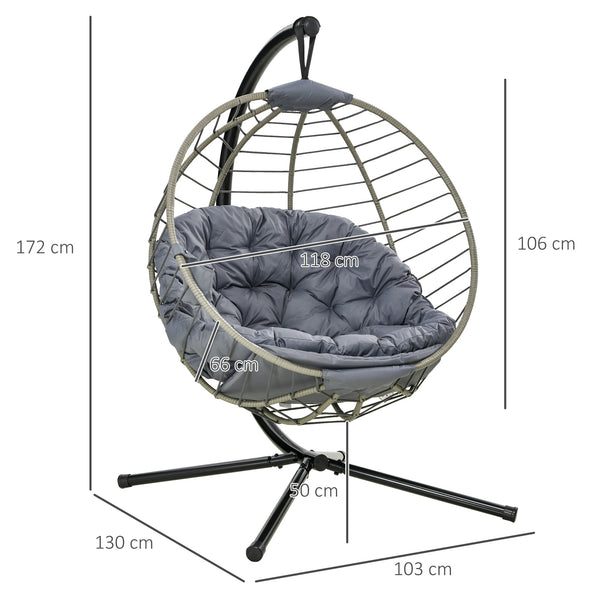PE Rattan Swing Chair, Outdoor Hanging Chair with Metal Stand, Thick Padded Cushion, Foldable Basket and Cup Holder, for Indoor and Outdoor, Grey