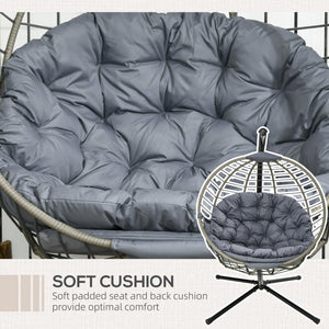 PE Rattan Swing Chair, Outdoor Hanging Chair with Metal Stand, Thick Padded Cushion, Foldable Basket and Cup Holder, for Indoor and Outdoor, Grey