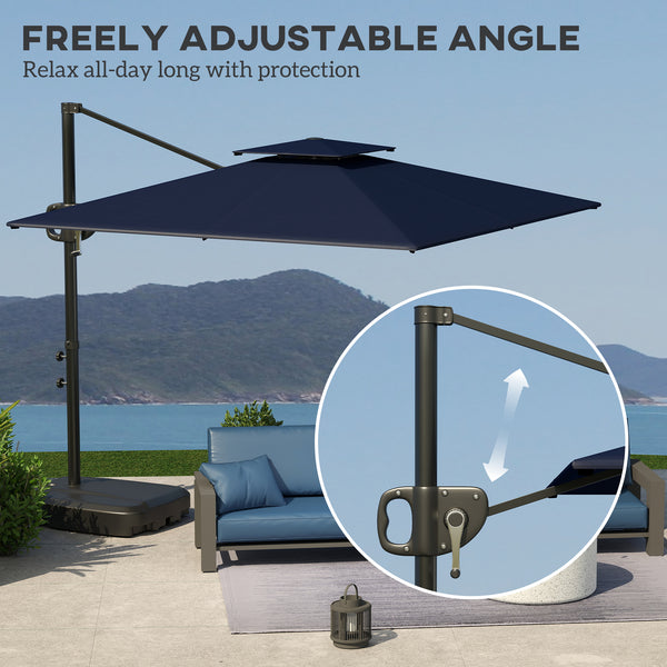 2.5m Garden Cantilever Parasol with Fillable Base, Up to 40kg, Double Top Garden Parasol, Square Overhanging Patio Umbrella with Crank Handle and Tilt for Outdoor Sun Shade, Blue