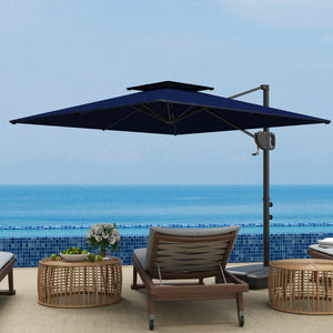 2.5m Garden Cantilever Parasol with Fillable Base, Up to 40kg, Double Top Garden Parasol, Square Overhanging Patio Umbrella with Crank Handle and Tilt for Outdoor Sun Shade, Blue