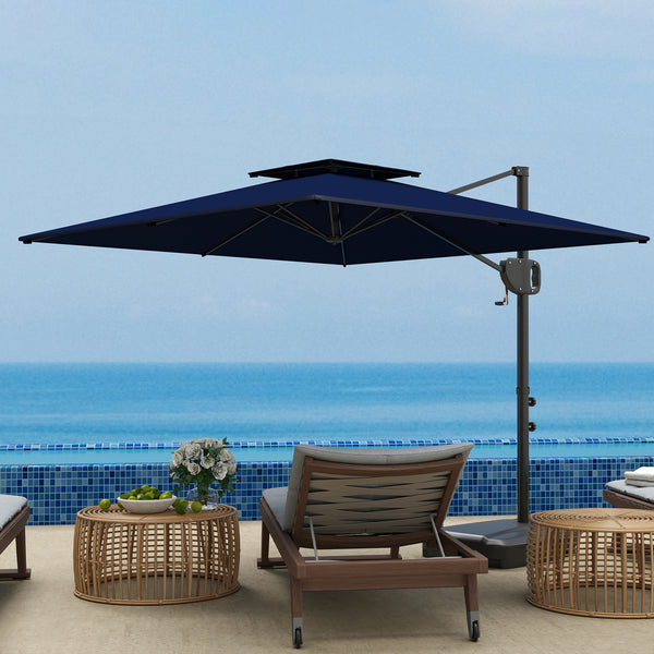 2.5m Garden Cantilever Parasol with Fillable Base, Up to 40kg, Double Top Garden Parasol, Square Overhanging Patio Umbrella with Crank Handle and Tilt for Outdoor Sun Shade, Blue