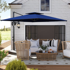 2.5m Garden Cantilever Parasol with Fillable Base, Up to 40kg, Double Top Garden Parasol, Square Overhanging Patio Umbrella with Crank Handle and Tilt for Outdoor Sun Shade, Blue