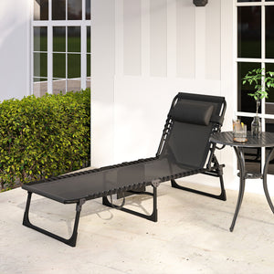 Folding Lounge Chair, Reclining Tanning Chair, Portable Sun Lounger with Adjustable Backrest and Removable Pillow for Patio, Garden, Beach, Black