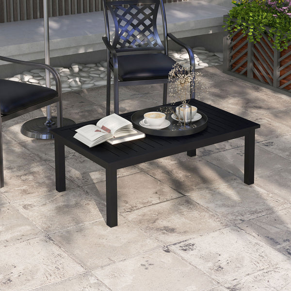 Aluminium Outdoor Coffee Table, Rectangular Patio Side Table with Wood Grain Effect and Slat Tabletop for Indoor, Garden, Balcony, 100cm x 60cm, Black