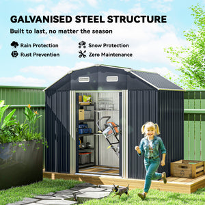 8' x 4' Galvanized Garden Shed with Adjustable Shelves and Foundation Kit, Outdoor Metal Shed with Double Sliding Doors and Vents for Lawn, Patio, Dark Grey
