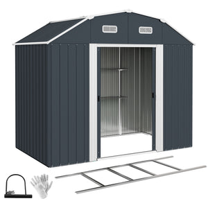 8' x 4' Galvanized Garden Shed with Adjustable Shelves and Foundation Kit, Outdoor Metal Shed with Double Sliding Doors and Vents for Lawn, Patio, Dark Grey