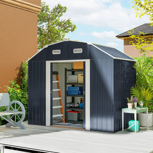 8' x 4' Galvanized Garden Shed with Adjustable Shelves and Foundation Kit, Outdoor Metal Shed with Double Sliding Doors and Vents for Lawn, Patio, Dark Grey