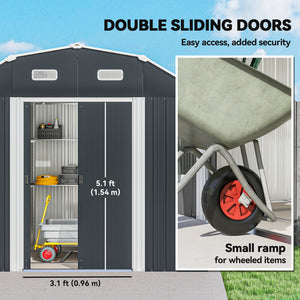 8' x 4' Galvanized Garden Shed with Adjustable Shelves and Foundation Kit, Outdoor Metal Shed with Double Sliding Doors and Vents for Lawn, Patio, Dark Grey