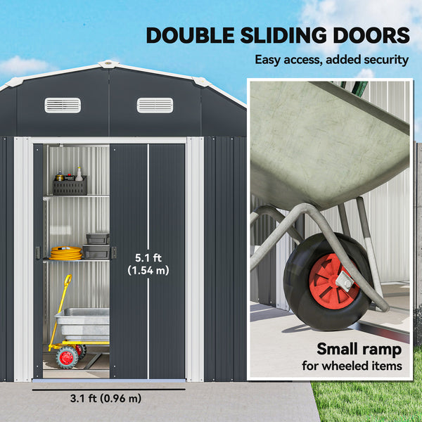 8' x 4' Galvanized Garden Shed with Adjustable Shelves and Foundation Kit, Outdoor Metal Shed with Double Sliding Doors and Vents for Lawn, Patio, Dark Grey