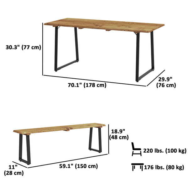 Picnic Table and Bench Set for 6 Persons, 70" Wood Outdoor Dining Table Bench Set with 2" Umbrella Hole, Slatted Top & Steel Frame, for Party, BBQ, Patio, Lawn, Brown
