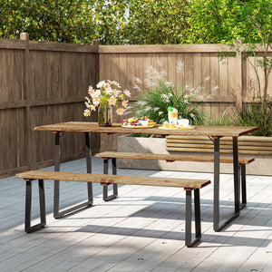 Picnic Table and Bench Set for 6 Persons, 70" Wood Outdoor Dining Table Bench Set with 2" Umbrella Hole, Slatted Top & Steel Frame, for Party, BBQ, Patio, Lawn, Brown