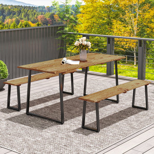 Picnic Table and Bench Set for 6 Persons, 70" Wood Outdoor Dining Table Bench Set with 2" Umbrella Hole, Slatted Top & Steel Frame, for Party, BBQ, Patio, Lawn, Brown