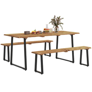 Picnic Table and Bench Set for 6 Persons, 70" Wood Outdoor Dining Table Bench Set with 2" Umbrella Hole, Slatted Top & Steel Frame, for Party, BBQ, Patio, Lawn, Brown