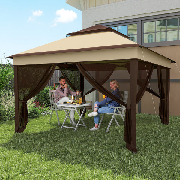 10.7 x 10.7ft Pop Up Camping Gazebo, Height Adjustable Instant Sun Shelter with UV30+ Roof Cover, Removable Mesh Curtains and Carrying Bag for Patio, Backyard, Beige