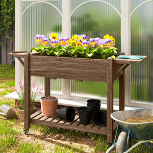 Raised Garden Bed, Wooden Elevated Planter Box with Lockable Wheels, Side Tables and Bottom Shelf, Outdoor Planter with Liner and Drainage Holes for Vegetables, Flowers, Fruits, Carbonised