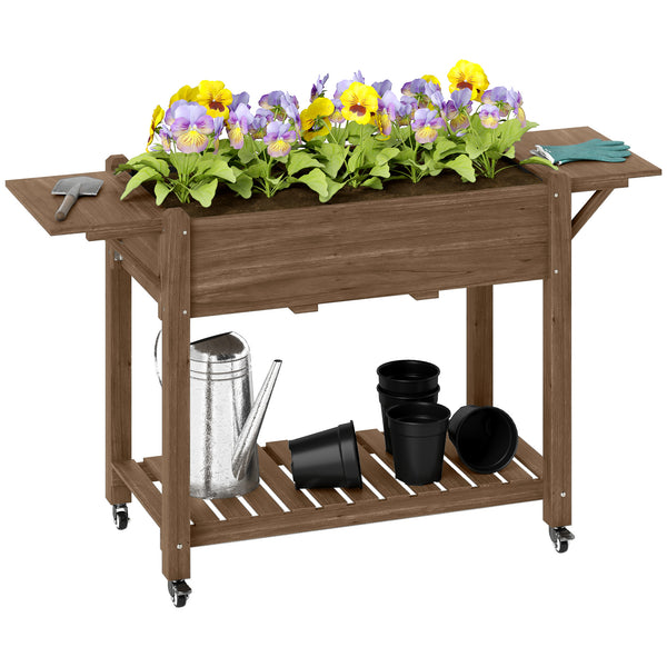 Raised Garden Bed, Wooden Elevated Planter Box with Lockable Wheels, Side Tables and Bottom Shelf, Outdoor Planter with Liner and Drainage Holes for Vegetables, Flowers, Fruits, Carbonised