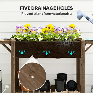 Raised Garden Bed, Wooden Elevated Planter Box with Lockable Wheels, Side Tables and Bottom Shelf, Outdoor Planter with Liner and Drainage Holes for Vegetables, Flowers, Fruits, Carbonised