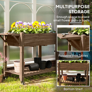 Raised Garden Bed, Wooden Elevated Planter Box with Lockable Wheels, Side Tables and Bottom Shelf, Outdoor Planter with Liner and Drainage Holes for Vegetables, Flowers, Fruits, Carbonised