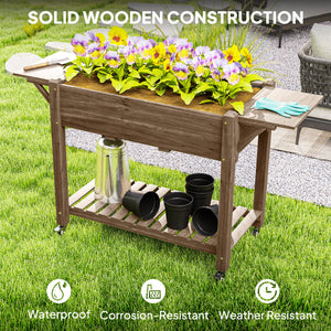 Raised Garden Bed, Wooden Elevated Planter Box with Lockable Wheels, Side Tables and Bottom Shelf, Outdoor Planter with Liner and Drainage Holes for Vegetables, Flowers, Fruits, Carbonised