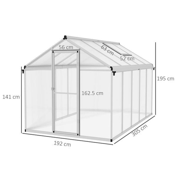 6 x 10ft Polycarbonate Greenhouse with Rain Gutters, Large Walk-In Green House with Door and Window, Garden Plants Grow House with Aluminium Frame and Foundation