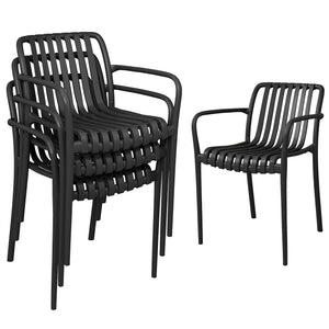 Stackable Patio Chairs Set of 4, Outdoor Patio Dining Chairs with Curved Backrest, Slatted Seat and Armrest for Indoor, Outdoor, Balcony, Deck, Garden,  Plastic, Black