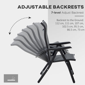 Set of 2 Outdoor Wicker Folding Chairs, Patio PE Rattan Dining Armrests Chair set with 7 Levels Adjustable Backrest, for Outdoors, Camping, Grey