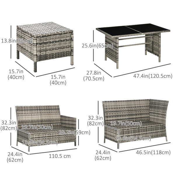 6 Pieces Patio Dining Set Wicker Outdoor Furniture Set Garden Rattan Sofa Set Outdoor Sectional Couch with Cushions, Dining Table and Ottomans, Sky Blue
