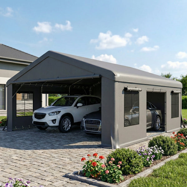 20' x 20' Heavy Duty Carport, Portable Garage Car Canopy Tent with Reinforced Galvanized Frame, 3 Roll-up Doors, 4 Mesh Windows for Cars, Trucks, Boats, Motorcycle, Bike, Dark Gray