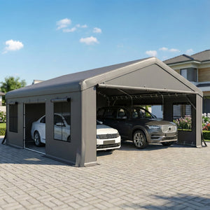 20' x 20' Heavy Duty Carport, Portable Garage Car Canopy Tent with Reinforced Galvanized Frame, 3 Roll-up Doors, 4 Mesh Windows for Cars, Trucks, Boats, Motorcycle, Bike, Dark Gray