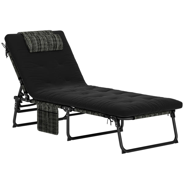 Folding Lounge Chair with 4-level Reclining Back, Outdoor Tanning Chair with Cushion, Sun Lounger with Breathable Mesh Fabric, Side Pocket, Headrest, Black