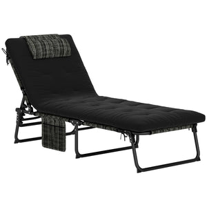 Folding Lounge Chair with 4-level Reclining Back, Outdoor Tanning Chair with Cushion, Sun Lounger with Breathable Mesh Fabric, Side Pocket, Headrest, Black