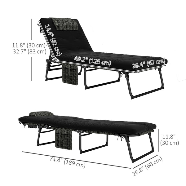 Folding Lounge Chair with 4-level Reclining Back, Outdoor Tanning Chair with Cushion, Sun Lounger with Breathable Mesh Fabric, Side Pocket, Headrest, Black