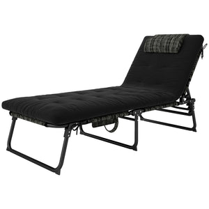 Folding Lounge Chair with 4-level Reclining Back, Outdoor Tanning Chair with Cushion, Sun Lounger with Breathable Mesh Fabric, Side Pocket, Headrest, Black