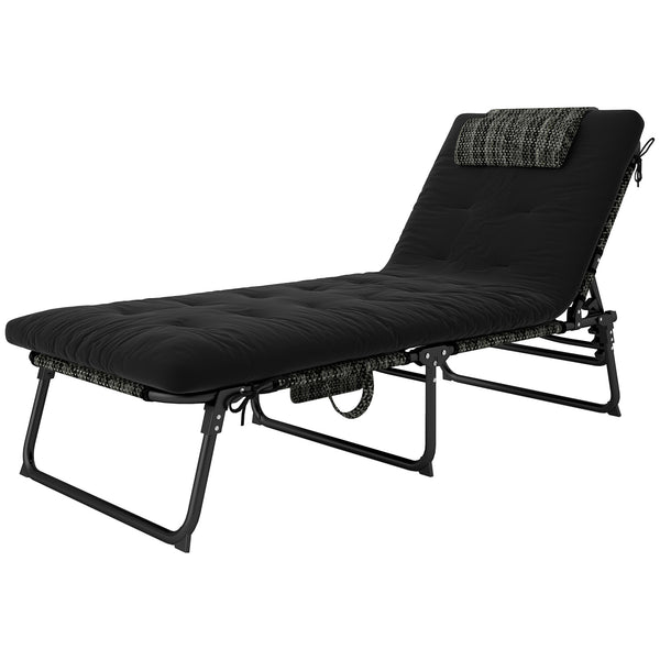 Folding Lounge Chair with 4-level Reclining Back, Outdoor Tanning Chair with Cushion, Sun Lounger with Breathable Mesh Fabric, Side Pocket, Headrest, Black