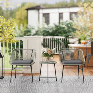 3 Pieces Rattan Bistro Set, Wicker Small Garden Table and Chairs Set with Cushions and Glass Top Coffee Table, Bistro Garden Furniture Set for Outdoor, Patio, Balcony, Light Grey