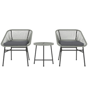 3 Pieces Rattan Bistro Set, Wicker Small Garden Table and Chairs Set with Cushions and Glass Top Coffee Table, Bistro Garden Furniture Set for Outdoor, Patio, Balcony, Light Grey