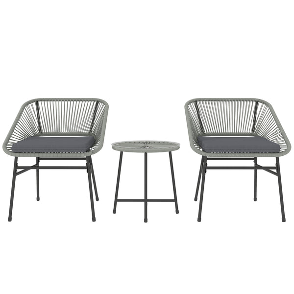 3 Pieces Rattan Bistro Set, Wicker Small Garden Table and Chairs Set with Cushions and Glass Top Coffee Table, Bistro Garden Furniture Set for Outdoor, Patio, Balcony, Light Grey