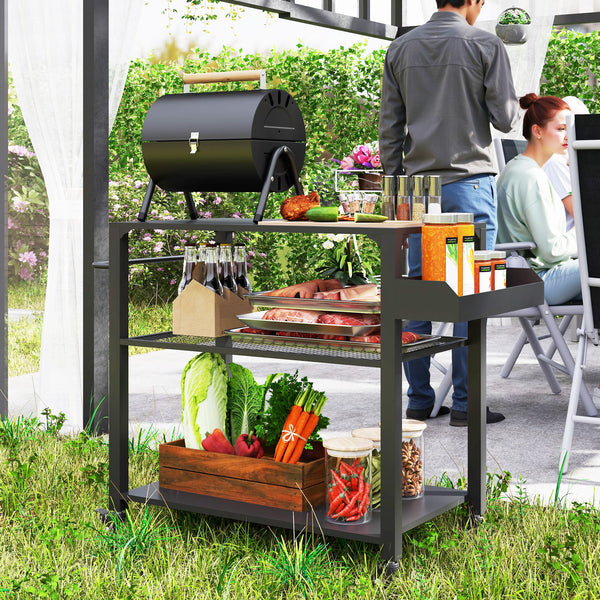 Three-Shelf Outdoor Grill Dining Cart, Pizza Oven Stand with Storage Rack, Side Handle, BBQ Movable Food Prep Table with 4 Wheels for Backyard Party