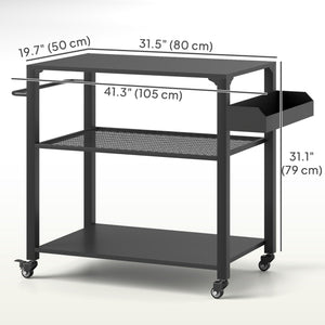 Three-Shelf Outdoor Grill Dining Cart, Pizza Oven Stand with Storage Rack, Side Handle, BBQ Movable Food Prep Table with 4 Wheels for Backyard Party