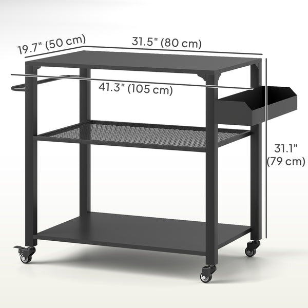 Three-Shelf Outdoor Grill Dining Cart, Pizza Oven Stand with Storage Rack, Side Handle, BBQ Movable Food Prep Table with 4 Wheels for Backyard Party