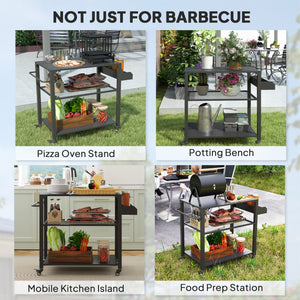Three-Shelf Outdoor Grill Dining Cart, Pizza Oven Stand with Storage Rack, Side Handle, BBQ Movable Food Prep Table with 4 Wheels for Backyard Party
