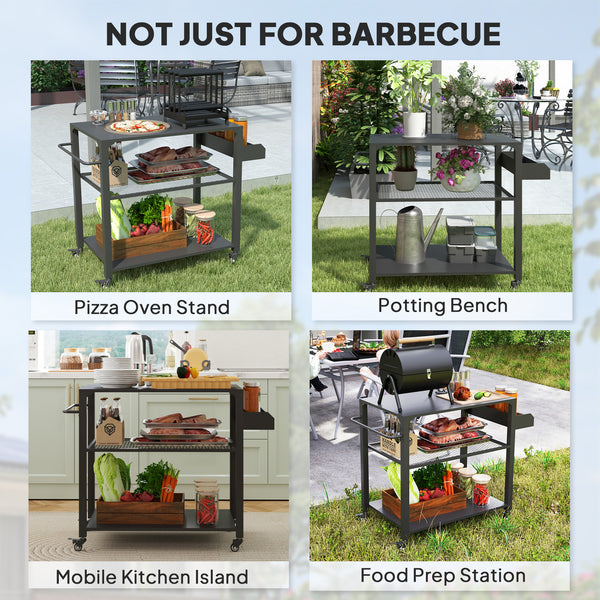 Three-Shelf Outdoor Grill Dining Cart, Pizza Oven Stand with Storage Rack, Side Handle, BBQ Movable Food Prep Table with 4 Wheels for Backyard Party