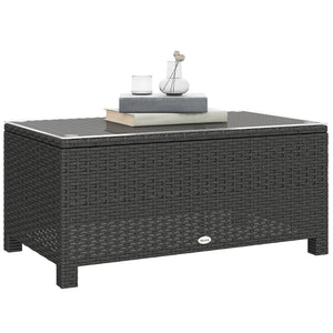Rattan Coffee Table, Patio Side Table, Hand-woven Wicker Furniture with Tempered Glass Top Outdoor Garden Patio, Dark Grey