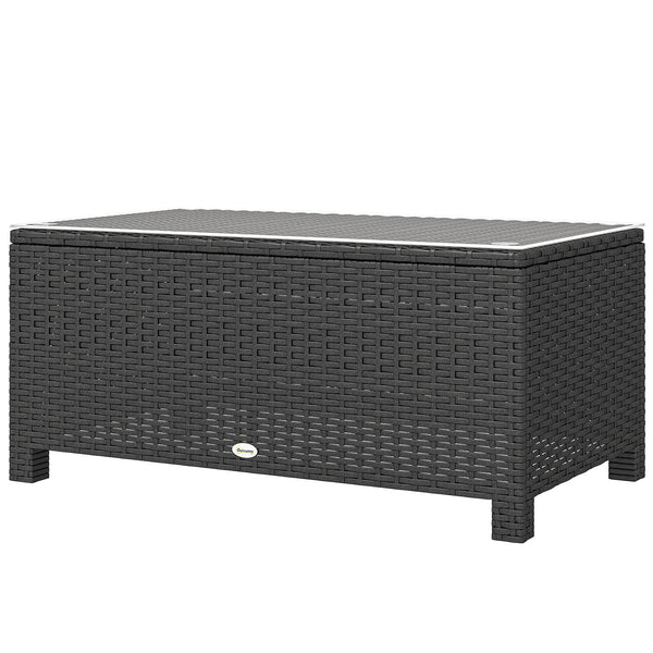 Rattan Coffee Table, Patio Side Table, Hand-woven Wicker Furniture with Tempered Glass Top Outdoor Garden Patio, Dark Grey
