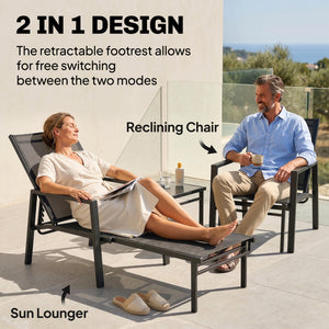 Sun Lounger with Retractable Footrest, 5-Position Adjustable Reclining Garden Lounger, Garden Chaise Lounge Sunbed Recliner Chair with Steel Frame for Beach, Porch, Patio, Camping, Black