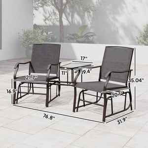 Outdoor Glider Chairs with Coffee Table, Patio 2-Seat Rocking Chair Swing Loveseat with Breathable Sling for Backyard, Garden, and Porch, Gray