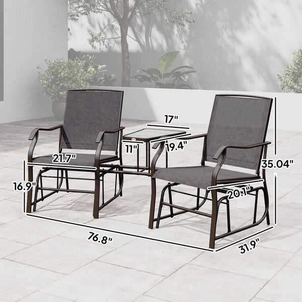Outdoor Glider Chairs with Coffee Table, Patio 2-Seat Rocking Chair Swing Loveseat with Breathable Sling for Backyard, Garden, and Porch, Gray