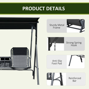 2 Person Covered Porch Swing Patio Swing with Pivot Storage Table, Cup Holder, & Adjustable Overhead Canopy, Black