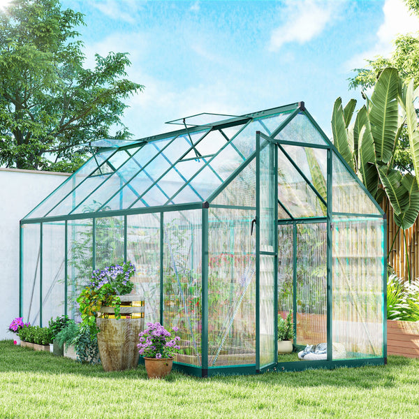 11x6 ft Polycarbonate Greenhouse with Swing Door and Two Adjustable Roof Vents, Aluminum Walk-in Greenhouse Outdoor Greenhouse for Patio Garden Backyard, Dark Green