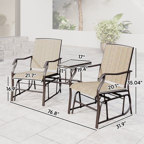Outdoor Glider Chairs with Coffee Table, Patio 2-Seat Rocking Chair Swing Loveseat with Breathable Sling for Backyard, Garden, and Porch, Light Brown